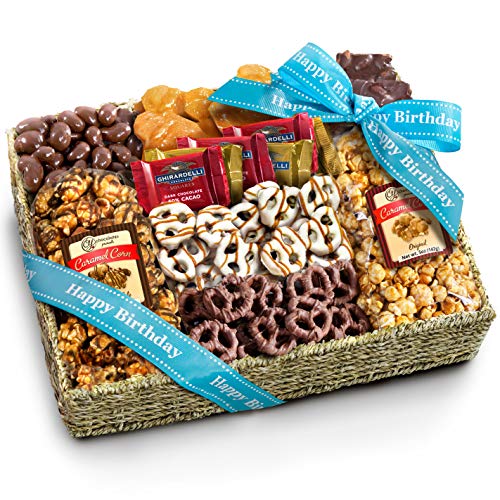 A Gift Inside Birthday Chocolate Caramel and Crunch Grand Gift Basket with Snacks, Pretzels, Ghirardelli and Chocolate-covered Nuts - Birthday Chocolate