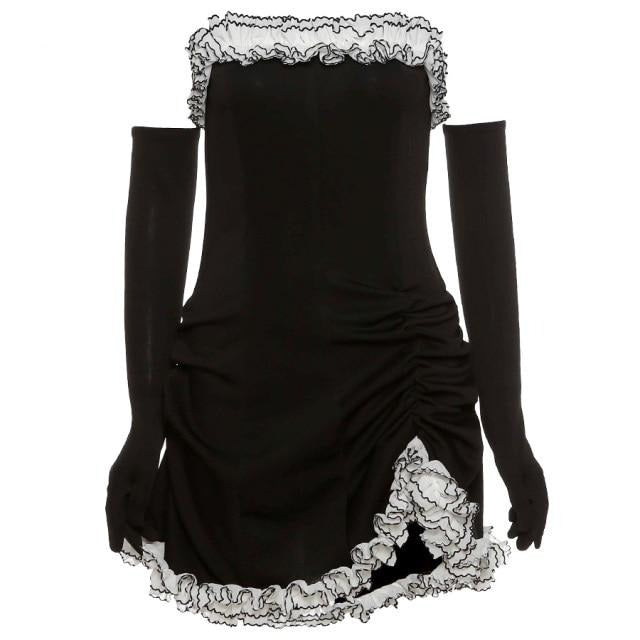 'Hallucination' Black white Alt Frill Sleeveless Dress - Black / M