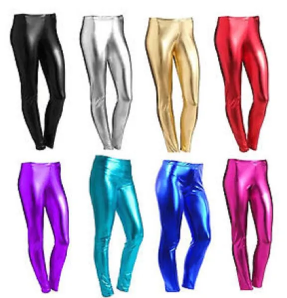 Womens Ladies American Foil Shiny leggings Disco Stretch PVC Pants Wet Look 80s Small Medium Large 8 10 12 14 (M/L (12-14), Red)