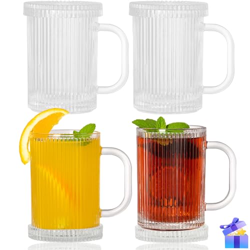Glass Coffee Mugs Clear Mug - 13 Oz Ribbed Mugs Classical Vertical Stripes Glass Tea Cups With Lids Set of 4 - Elegant Lovely Present for Anniversary Weddings Christmas Birthday - Classic