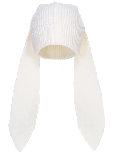 Knit Beanie Hats Cute Bunny Long Ears Funny Hat Fluffy Winter Cap Warm Knit Rabbit Crochet Skull Cap Outdoor Slouchy Hat - One Size - No Threads White