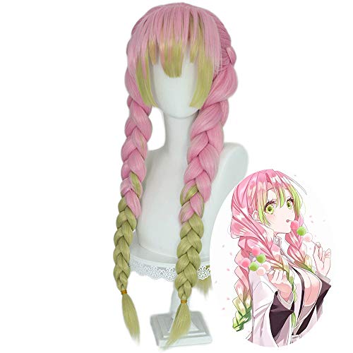 Max Beauty Anime Pink and Green Wig for Mitsuri Cosplay Braided Hair Wig with Pigtails Halloween Party Wig + Cap - Pink Green Mitsuri