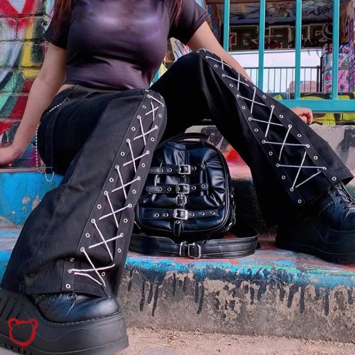 Black Grunge Lace Up Pants - black / L