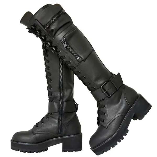 MEILIYA Military Knee High Boots for Women, Zipper Hidden Pocket Low Chunky Heel Platform Combat Boots