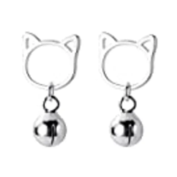Cat Stud Earrings Shining Silver Earrings Bell Ear Studs Adorable Cat Pendant Stylish Ear Jewelry Accessories Cat Lovers Gift for Lady Women Girls