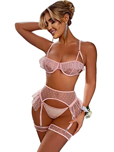 SOLY HUX Women's Valentines Sexy Mesh Lingerie Set Lace Teddy Strap Babydoll Bodysuit with Garter Belts - X-Small - Pure Pink