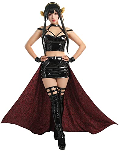 Mobbunny Women Pu Leather Outfit Sexy Halter Corset Top and Skirt Set with Stockings Cosplay Costume - Small - Black