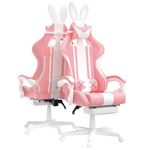 Ferghana Kawaii Pink Gaming Chair with Bunny Ears, Ergonomic Cute Gamer Chair with Footrest and Massage, Racing Reclining Leather Office Computer Game Chair 250lbs for Girls Adults Teens Kids - Racing Version - Baby Pink
