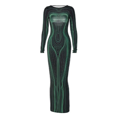 Long sleeve round neck contrast abstract print maxi dress | Green / S