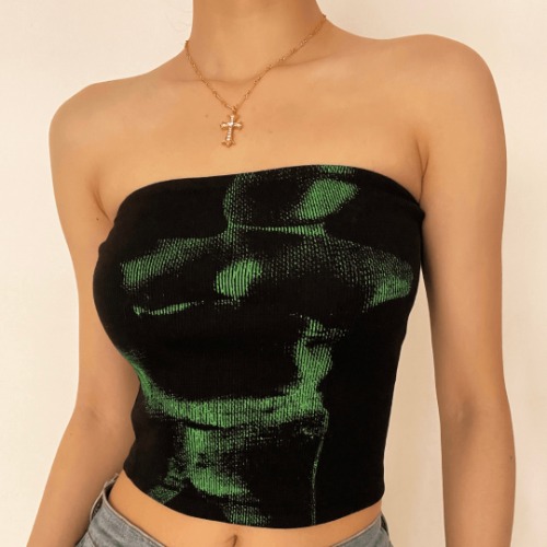 Ribbed print tube top | Black / S