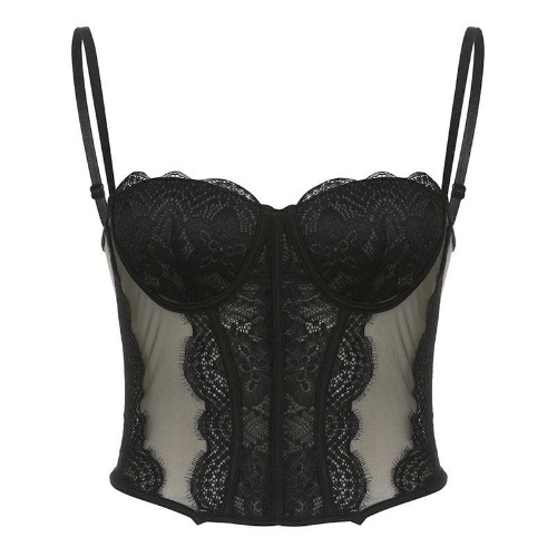 Mesh button lace hem backless bustier cami top | Black / S