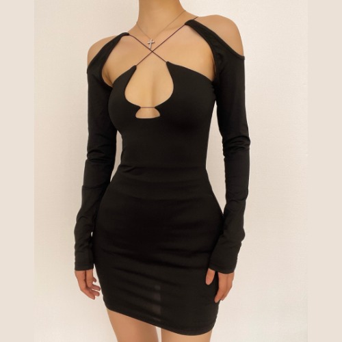 Cross front hollow out off shoulder long sleeve mini dress | Black / M
