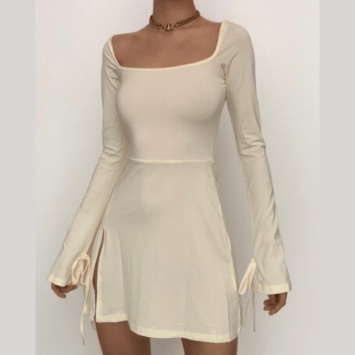 Long sleeve solid slit square neck self tie mini dress | Apricot / M