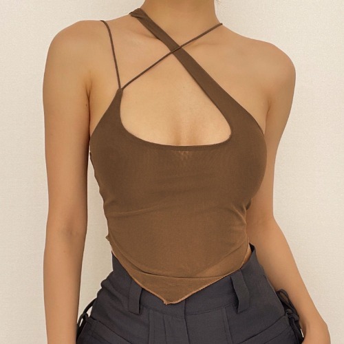 Sheer mesh see through halter irregular cross back backless crop top | Brown / S