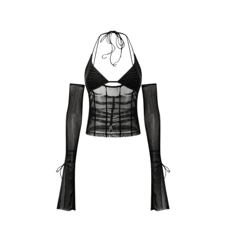 Tie back mesh see-through off shoulder halter top | Black / S