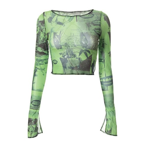 Print mesh see-through ruffled flared sleeve top | Green / S