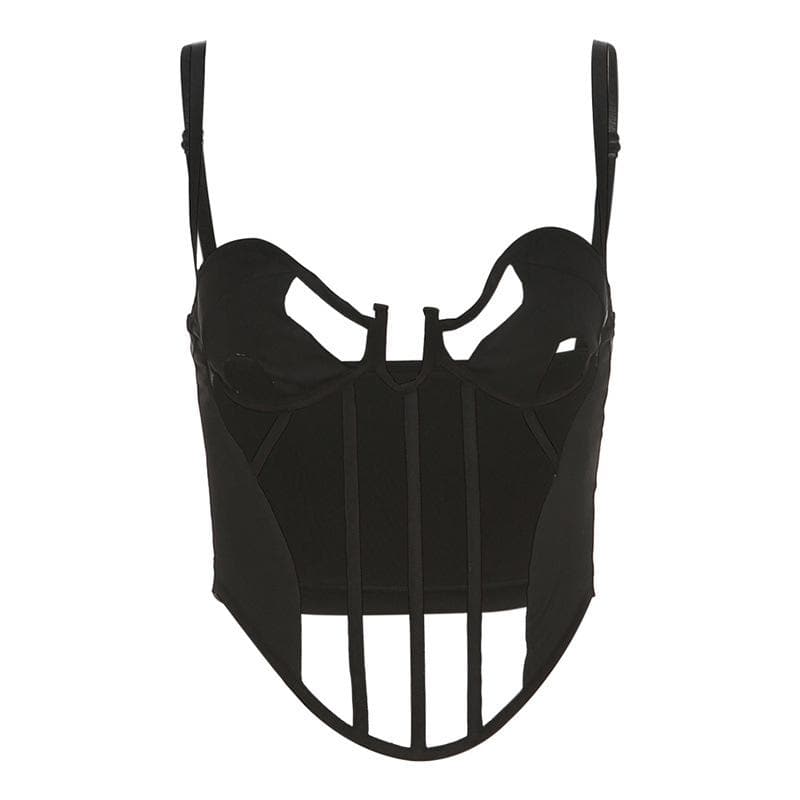 Mesh patchwork corset backless notch neck crop top | Black / S