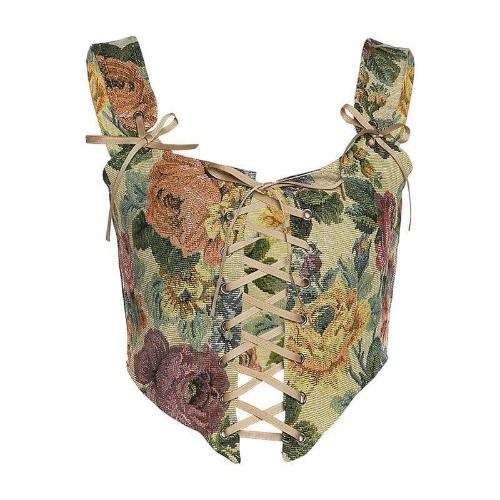 Print bow tie lace up bustier crop top | Khaki / S
