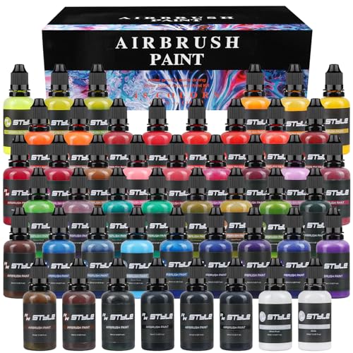 rhinowisdom Airbrush Paint - 48 Colors Airbrush Paint Set 1fl oz, Opaque & Brilliant Colors, Leather & Shoe Acrylic Air brush Paint Kit Ready to Spray Water Based for Artists Beginners Hobbyist - 48 Colors Set