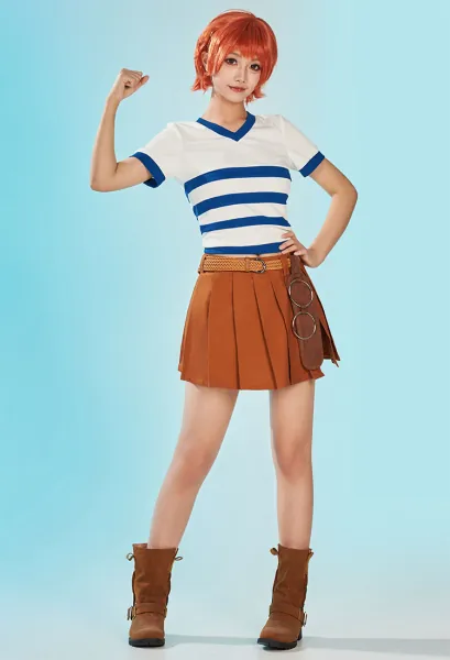 OP Nami Cosplay Costume Striped V Neck Short Sleeve Top and Skirt with Belt