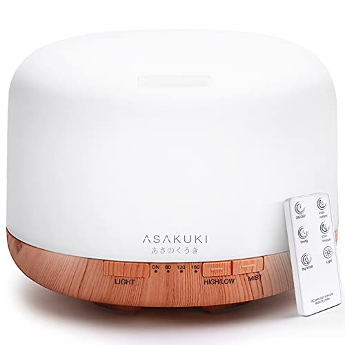 ASAKUKI 500ml Premium, Essential Oil Diffuser with Remote Control, 5 in 1 Ultrasonic Aromatherapy Fragrant Oil Humidifier Vaporizer, Timer and Auto-Off Safety Switch Brown - A-yellow