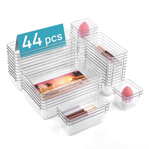Vtopmart 44 PCS Clear Plastic Drawer Organizers Set, 4-Size Versatile Bathroom and Vanity Organizer Trays, Non-Slip Storage Containers for Makeup, Jewelries, Bedroom，Kitchen Utensils and Office
