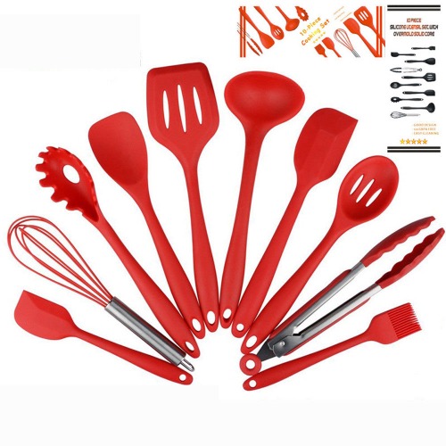 Non Stick Silicone Cooking Utensils Premium Heat Resistant 10 PCS Set - Red