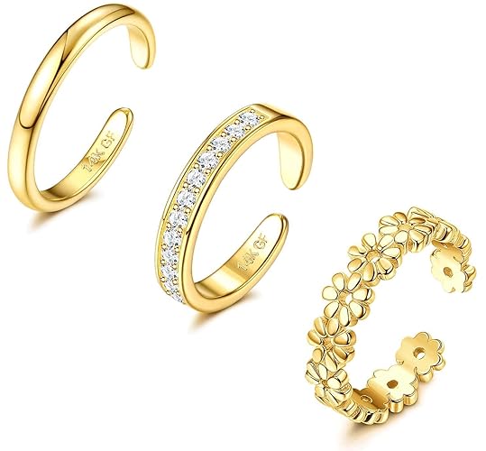 Diamday 3PCS 14K Gold Filled Toe Rings for Women Adjustable Gold Toe Ring Set Open Band Simple CZ Daisy Flower Toe Rings Hawaiian Summer Beach Foot Jewelry for Women - Style A
