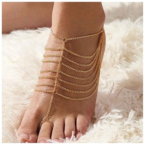 Inateannal Boho Layered Tassel Chain Barefoot Sandal Ankle Gold Layered Toe Ring Ankle Multilayered Tassel Foot Anklet Chain Beach Ankle Bracelet Foot Jewelry for Women and Girls