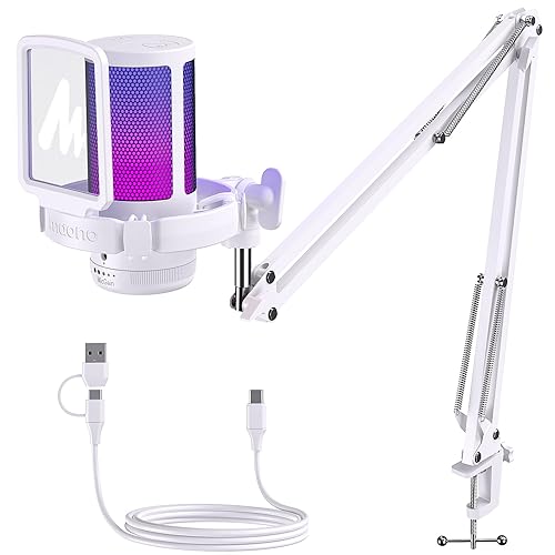 MAONO Microfono Gaming, USB Micrófono Condensador con Cancelación de Ruido para Streaming Podcast Studio, Compatible con PS5/PS4/Mac con Luces RGB, Botón de Silencio, Control de Ganancia, Blanco - Blanco