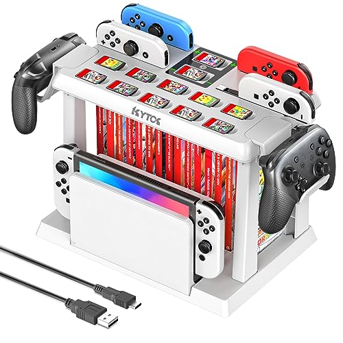 Switch Games Organizer Station with Controller Charger, Charging Dock for Nintendo Switch & OLED Joycons, Kytok Switch Storage and Organizer for Games, TV Dock, Pro Controller, Accessories Kit Storage - white
