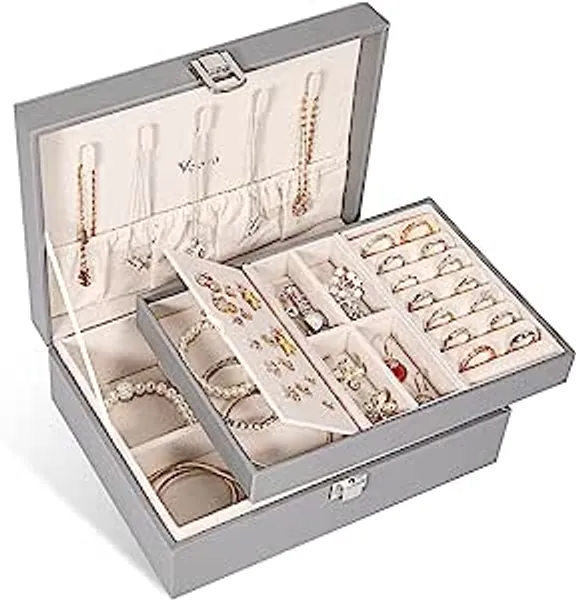 Voova Jewelry Box Organizer for Women Girls, 2 Layer Large Men Jewelry Storage Case, PU Leather Display Jewellery Holder with Removable Tray for Necklace Earrings Rings Bracelets, Vintage Gift,Grey - Grey