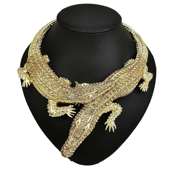 Awesome Crocodile Alligator Adjustable Gold Plated Statement Choker/ Necklace with Rhinestone Crystals.