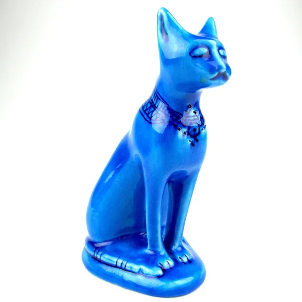 Blue Egyptian BASTET GODDESS Ceramic Mau Kitten Cat Sitting Figurine Statue- 7.5"