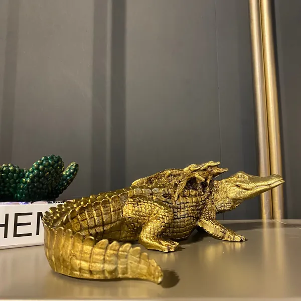 Gold Crocodile Statue, Crocodile Decor, Gold Crodile Decor, Antique Gold Statue