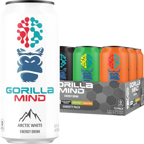 Gorilla Mind Energy Drink | Unmatched Energy · Amplified Focus | N-Acetyl-L-Tyrosine, Alpha-GPC, 200mg Caffeine, Uridine, Saffron | 0 Sugar Or Artificial Colors | 16oz, 12-Pack (Variety Pack #1) - Variety Pack #1