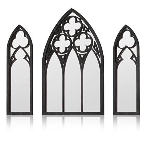 BOUMUSOE 3 Pack Gothic Mirrors Wall Decor, Cathedral Arch Frame Tiny Mirror Goth Room Decor - 9.8 inches Spooky Decorative Rustic Wall Hanging Decor for Bedroom Bathroom Living Room - Black