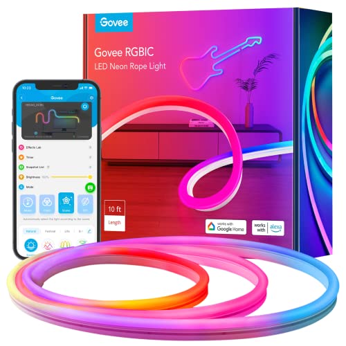 Govee Neon RGBIC Rope Lights with Music Sync, DIY Design, Works with Alexa, Google Assistant, 10ft LED Strip Lights for Gaming, Bedroom Living Room Decor (Not Support 5G WiFi) - 10ft
