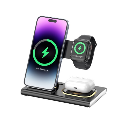 Brookstone 3-in-1 Wireless Charger Stand Fast Charging Station for iPhone 15,14,13,12 Pro Max Series, All iWatch Series, | iPhone Wireless Charging Station… - Black
