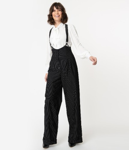 Unique Vintage Black & White Pin Stripe Thelma Suspender Pants | M/6-8
