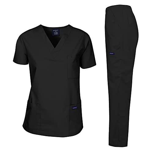 Dagacci Scrubs Medical Uniform Women and Man Scrubs Set Medical Scrubs Top and Pants - Large - Black