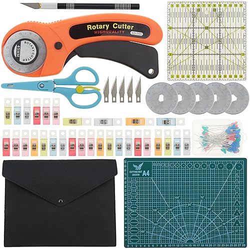 welltop Rotary Cutter Set, 96 PCS Quilting Kit 45mm Fabric Cutters Kit with 5 Extra Blades A4 Cutting Mat Acrylic Ruler Carving Knife Craft Clips Bags Full Tools for Crafting Sewing Patchworking - 96 PCS