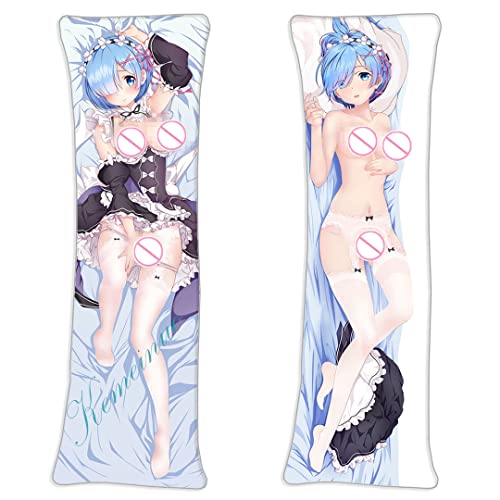 Kemeinuo Re:Zero Rem Ram Starting Life in Another World Pillow Cover 150x50cm (59x19.6in) Japanese Satin Anime Cosplay Dakimakura Hugging Pillow Case, 59x19.6inches (W-D33AM)