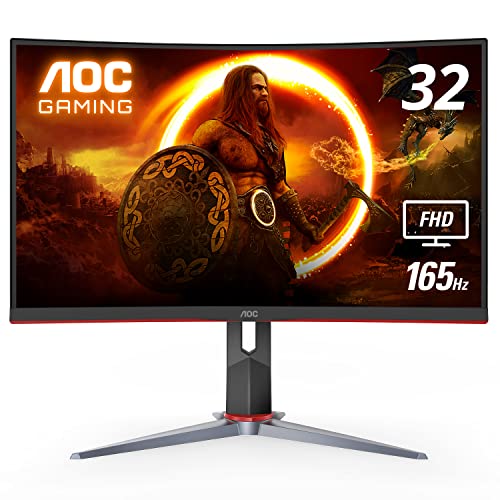 AOC C32G2 32" Curved Frameless Gaming Monitor FHD, 1500R Curved VA, 1ms, 165Hz, FreeSync, Height adjustable, 3-Year Zero Dead Pixel Policy, Black - 165Hz Low Latency - 32" FHD Curved Screen