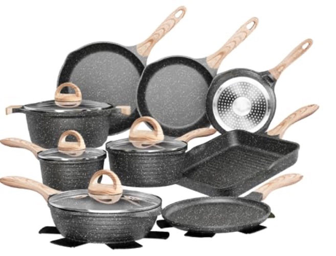 JEETEE Pots and Pans Set, Nonstick Kitchen Cookware Sets, Induction Granite Cooking Pot Set w/Frying Pan, Saucepan, Sauté Pan, Egg Pan, Cooking Pots, PFOA Free (Grey 23 Pcs) - Gray 23 pcs Granite Set