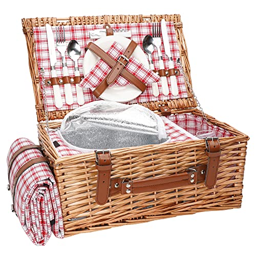 Wicker Picnic Basket Set for 2 Persons with Waterproof Picnic Blanket and Large Insulated Cooler Compartment, Willow Picnic Hamper Basket with Cutlery Service Kits for Camping, Wedding, Anniversary - Modern