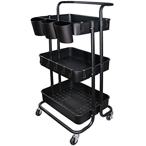 Ceeyali 3-Tier Rolling Utility Cart Storage Shelf Multifunction Organizer Storage Cart with Handle and Lockable Wheels and 3PCS Cup for Home Kitchen,Bathroom,Office,Laundry Room etc. (Black) - Black