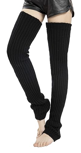 Leotruny Women's Winter Thick Knit Extra Long Thigh High Leg Warmers - C01-black