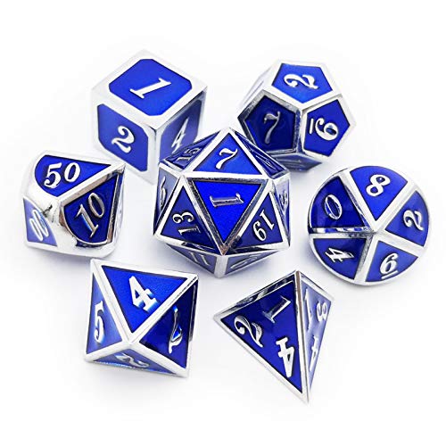 Haxtec Metal Dice Set D&D Silver Navy Blue Metal Polyhedral DND Dice for Dungeons and Dragons-Glossy Enamel Dice (Silver Navy Blue) - Silver Navy Blue