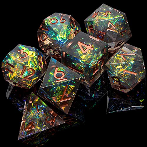 DND Resin Dice Set Inclusion Resin Dice for Dungeons and Dragons, ARUOHHA 7 PCS D and D Sharp Edges Dice, D&D Dice Set RPG Role Playing Dice with Gift Box Polyhedral Dice Set D20 D12 D10 D8 D6 D4 - Black Green 2